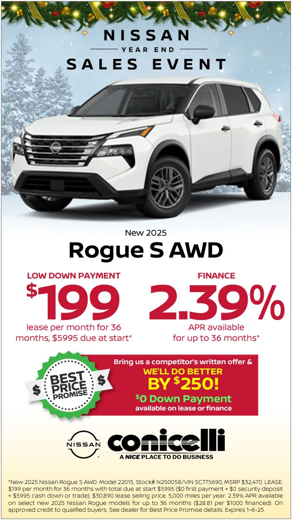 $199/mo. leases a New 2025 Rogue S AWD during Nissan's Year-End Sales Event! Claim This Special...