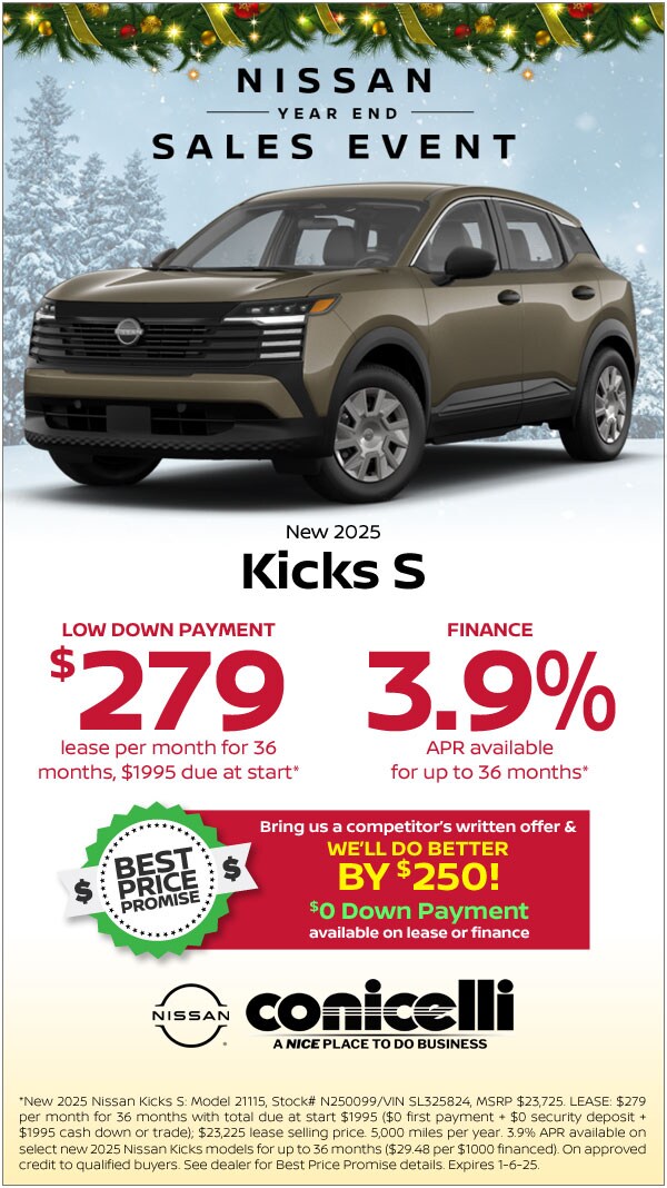 $279/mo. leases a New 2025 Kicks S or finance for 3.9% APR!