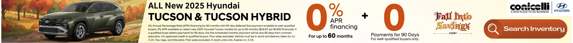 Get 0% interest on a new 2025 Hyundai Tucson at Conicelli Hyundai!