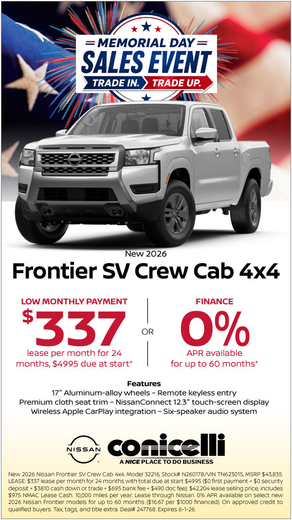 $337/mo. leases a New 2026 Frontier SV Crew Cab 4x4 at Conicelli Nissan!
