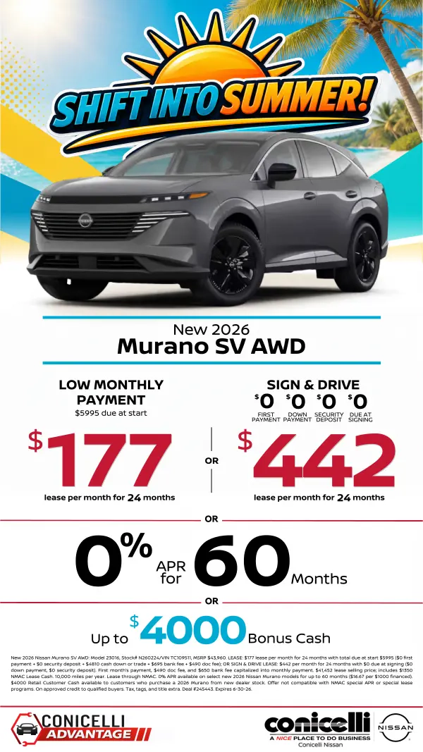 $177/mo. (OR $442/mo. with $0 due at signing) leases a New 2026 Nissan Murano SV AWD! Claim this Special...
