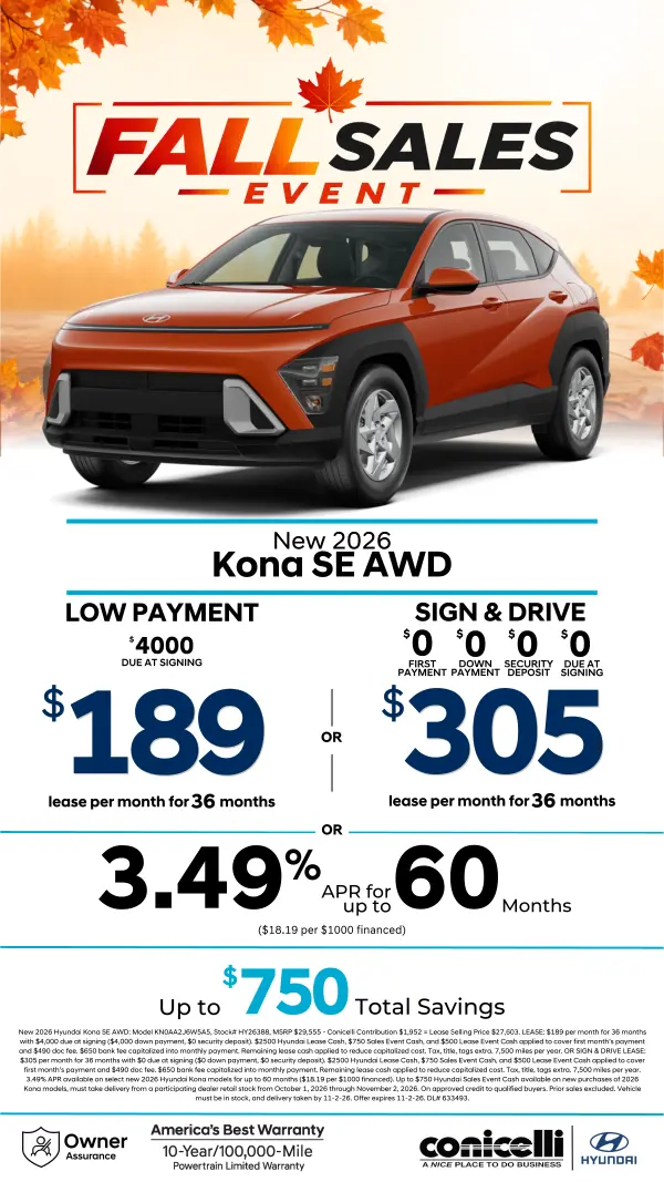 $189/mo. leases a New 2026 Hyundai Kona SE AWD! View Specials...