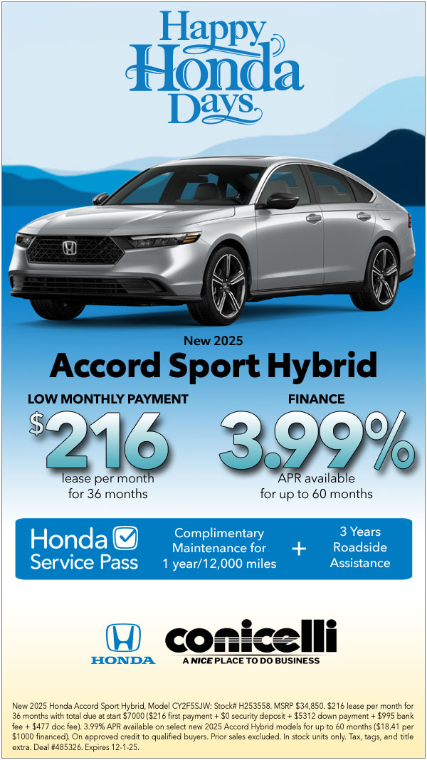 $216/mo. leases a New 2025 Accord Sport Hybrid at Conicelli Honda! Claim this Special...