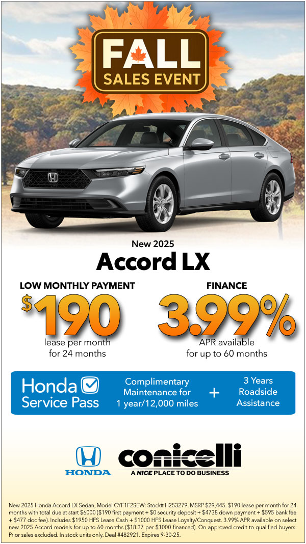$190/mo. leases a New 2025 Accord LX! Claim this Special...