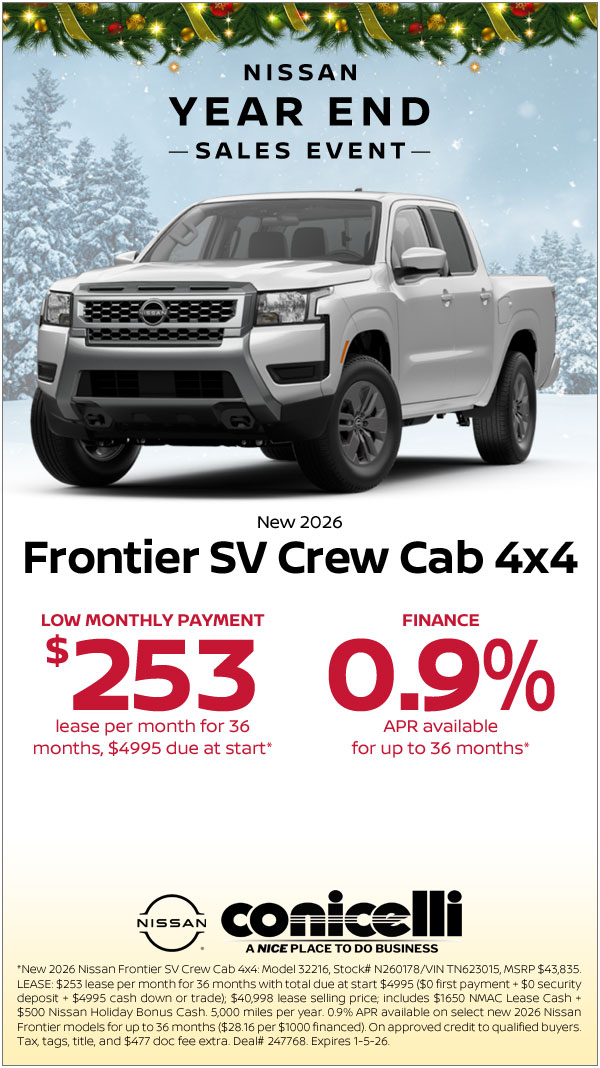 $253/mo. leases a New 2026 Frontier SV Crew Cab 4x4 at Conicelli Nissan! Claim this Special...