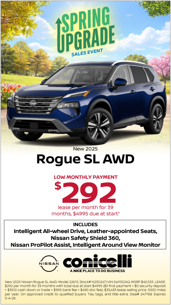 $292/mo. leases a New 2025 Rogue SL AWD at Conicelli Nissan! Claim this Special....