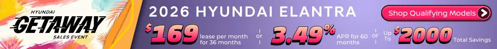 Conicelli Hyundai sales banner featuring a $169 lease per month offer on a new 2026 Hyundai Elantra or available 3.49% APR financing and up to $2000 in total savings!