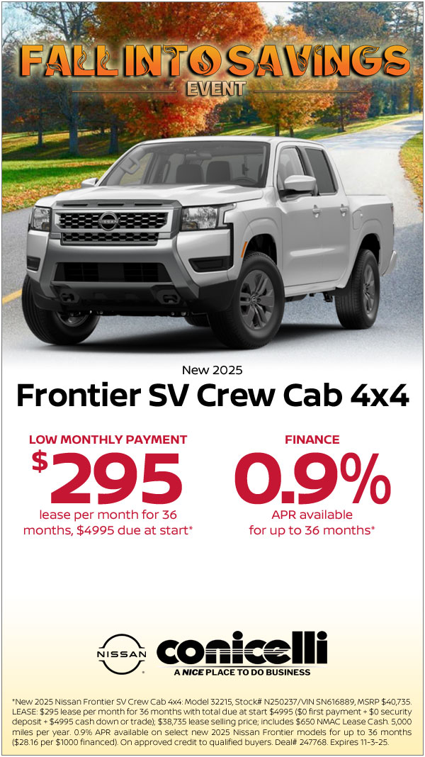 $295/mo. leases a New 2025 Frontier SV Crew Cab 4x4 at Conicelli Nissan!