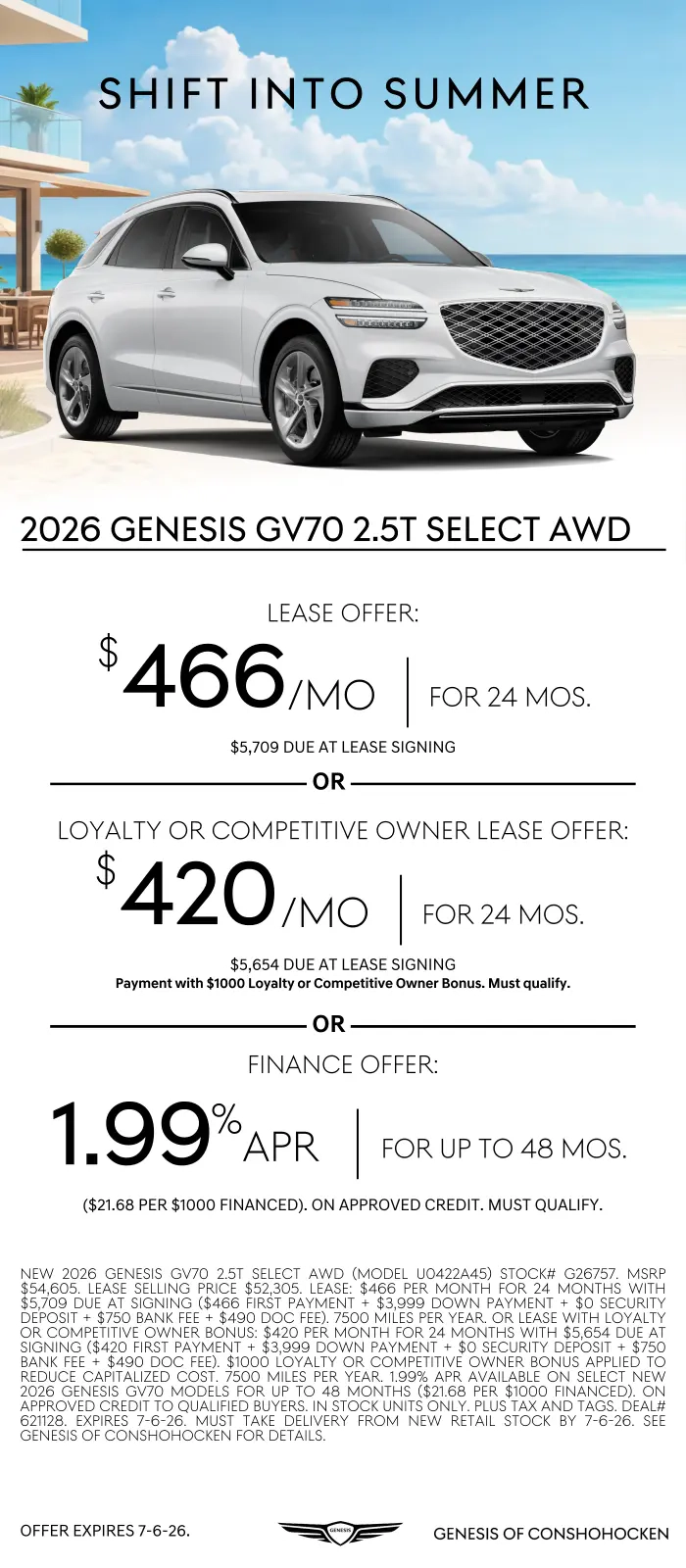 $466/mo. leases a New 2026 Genesis GV70 at Genesis of Conshohocken. View All Specials...