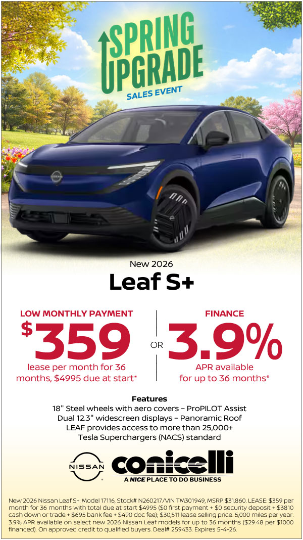 $359/mo. leases a New 2026 Leaf S+ at Conicelli Nissan!