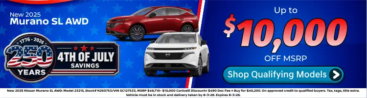 Conicelli Nissan sales banner featuring Up to $10,000 OFF MSRP of new 2025 Nissan Murano SL models.