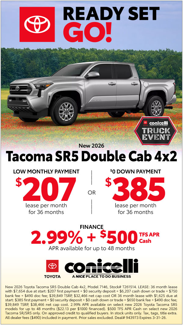 $207/mo. leases a New 2026 Tacoma SR5 Double Cab 4x2! Claim this Special...