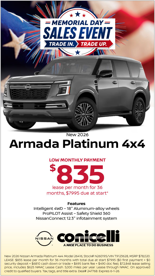 $835/mo. leases a New 2026 Armada Platinum 4x4! Claim This Special...