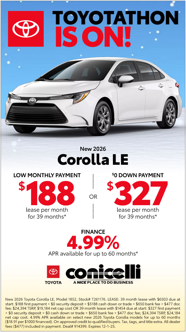 $188/mo. leases a New 2026 Corolla LE! View Specials...
