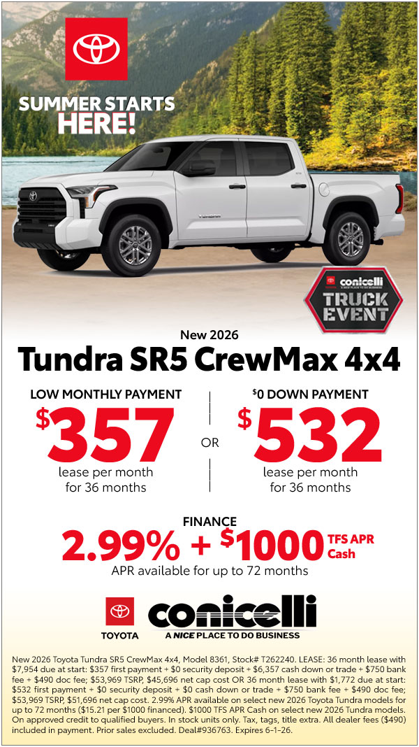 $357/mo. leases a New 2026 Tundra SR5 CrewMax 4x4! Claim this Special...
