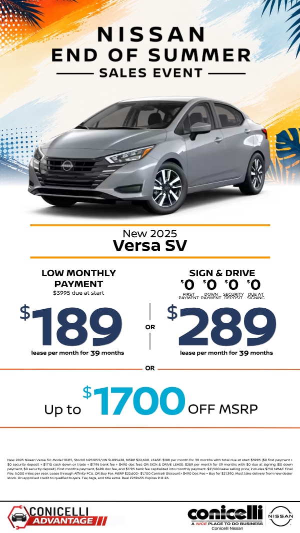 $189/mo. (OR $289/mo. with $0 due at signing) leases a New 2026 Versa SV at Conicelli Nissan! Claim this Special...