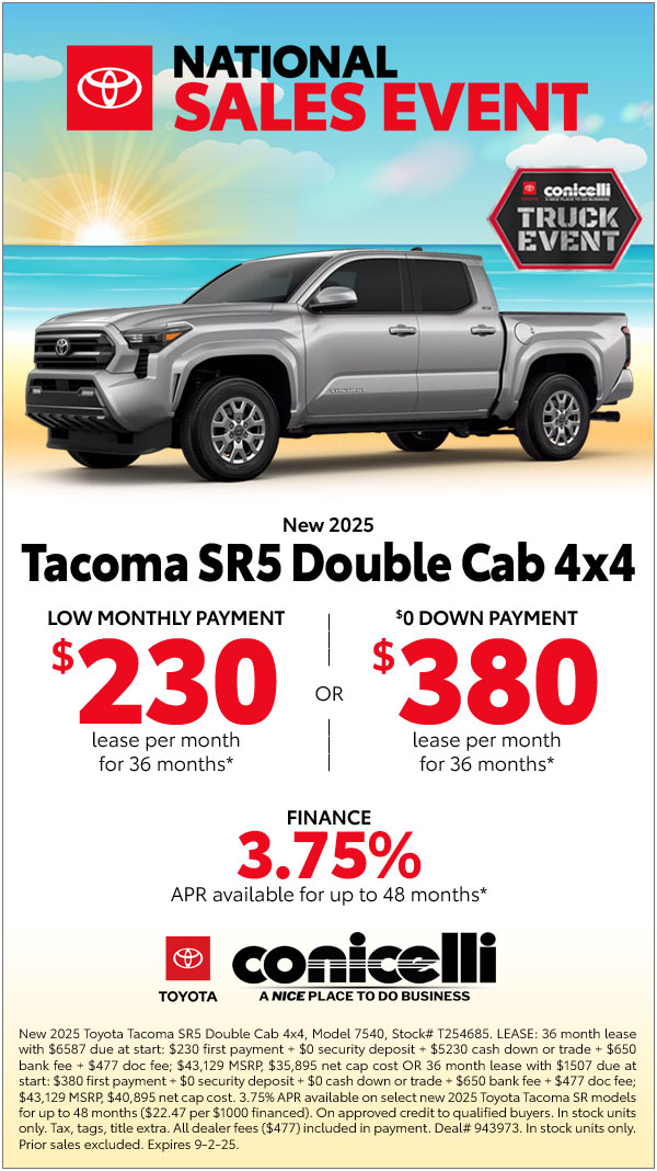$230/mo. leases a New 2025 Tacoma SR5 Double Cab 4x4! Claim this Special...