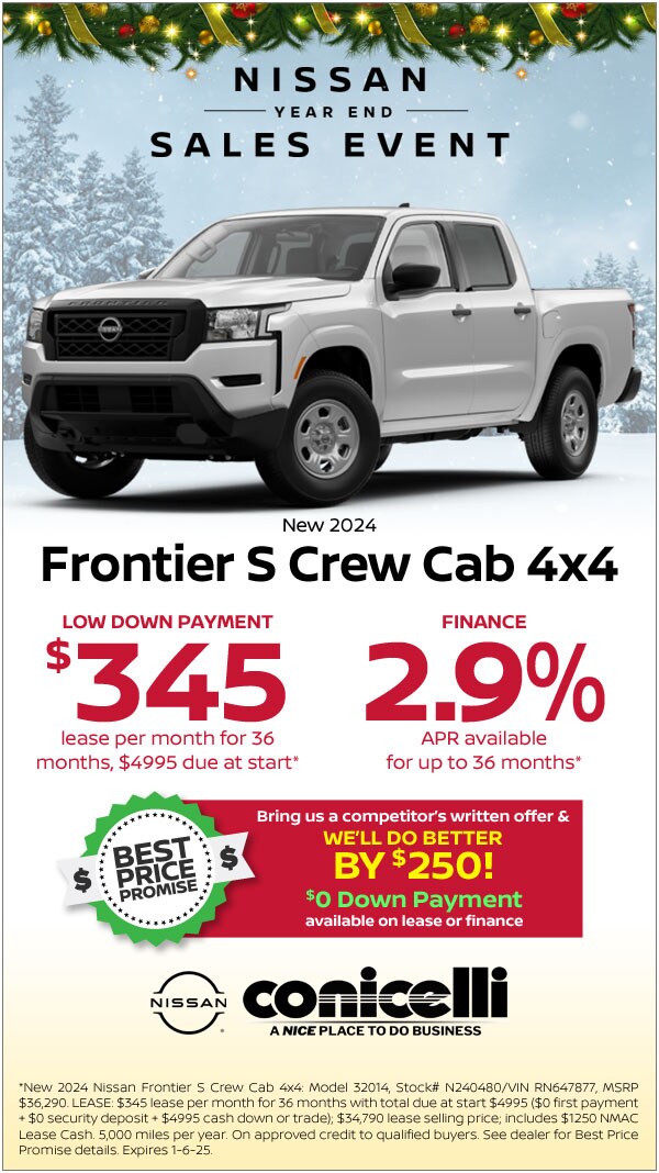 $345/mo. leases a New 2024 Frontier S Crew Cab 4x4 during Nissan's Year-End Sales Event! Claim This Special...