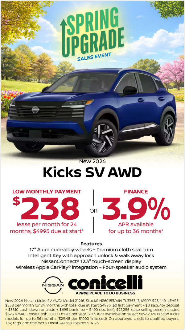 $238/mo. leases a New 2026 Kicks SV AWD at Conicelli Nissan! Claim this Special...