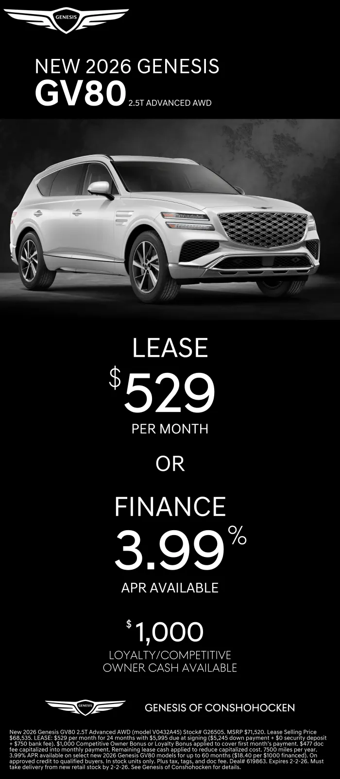 $529/mo. leases a New 2026 Genesis GV80! View Specials...