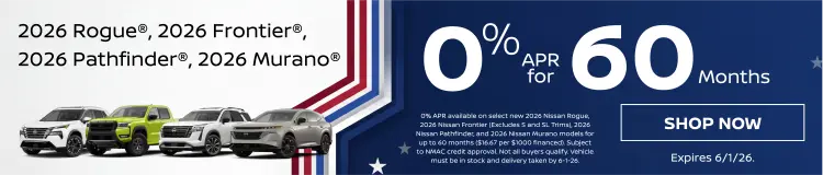 Conicelli Nissan sales banner featuring 0% APR Financing available on select new 2026 Nissan models, valid through June 1st, 2026.