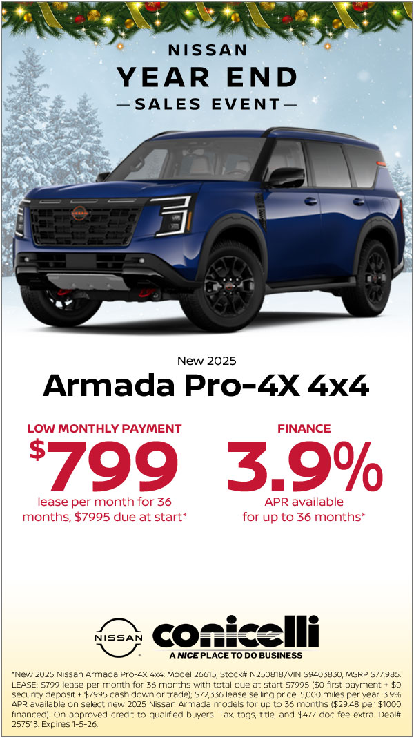$799/mo. leases a New 2025 Armada Pro-4X 4x4 at Conicelli Nissan!