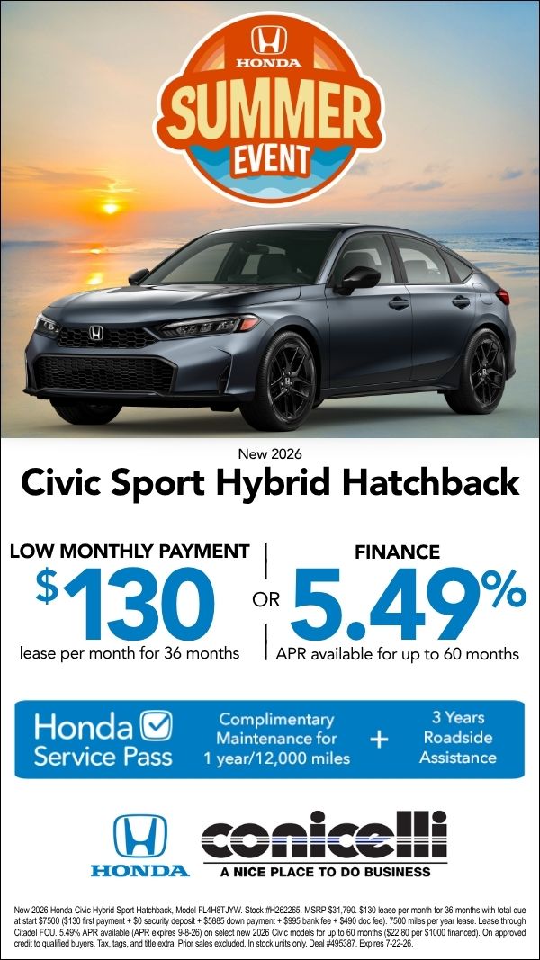 $130/mo. leases a New 2026 Civic Sport Hybrid Hatchback at Conicelli Honda! Claim this Special...
