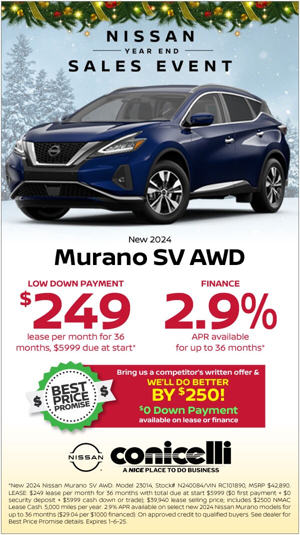 $249/mo. leases a New 2024 Murano SV AWD during Nissan's Year-End Sales Event! Claim This Special...