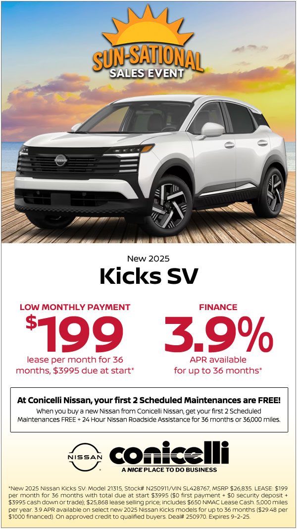 $199/mo. leases a New 2025 Nissan Kicks SV! Claim this Special...
