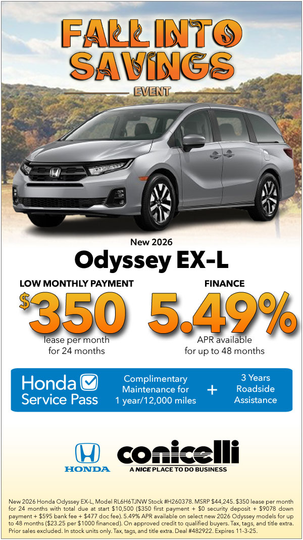 $350/mo. leases a New 2026 Odyssey EX-L! Claim this Special...