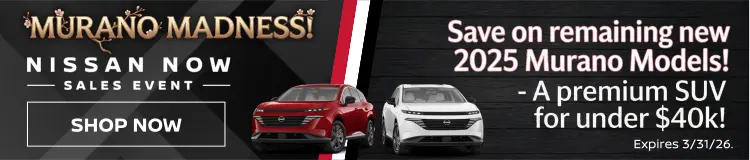 Conicelli Nissan in Conshohocken PA Murano Madness sales event banner featuring 2025 Nissan Murano models with savings on remaining inventory and 0% APR financing available through March 31 2026.