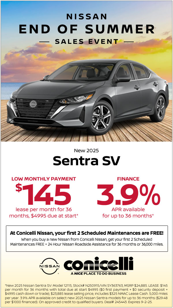 $145/mo. leases a New 2025 Sentra SV at Conicelli Nissan! Claim this Special....