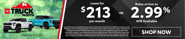 Conicelli Toyota Truck Month sales banner featuring Toyota trucks with lease offer of $213 per month or 2.99% APR financing, valid through June 1st, 2026.
