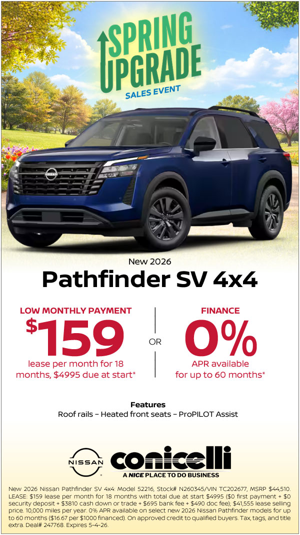 $159/mo. leases a New 2026 Pathfinder SV 4x4 at Conicelli Nissan! Claim this Special...