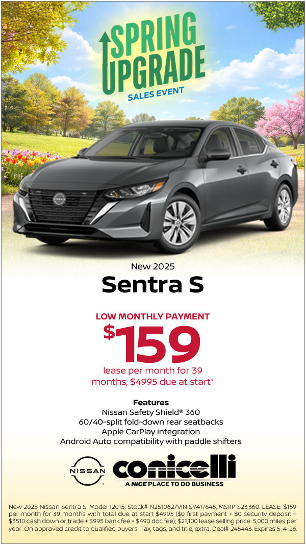 $159/mo. leases a New 2025 Sentra S at Conicelli Nissan! Claim this Special...