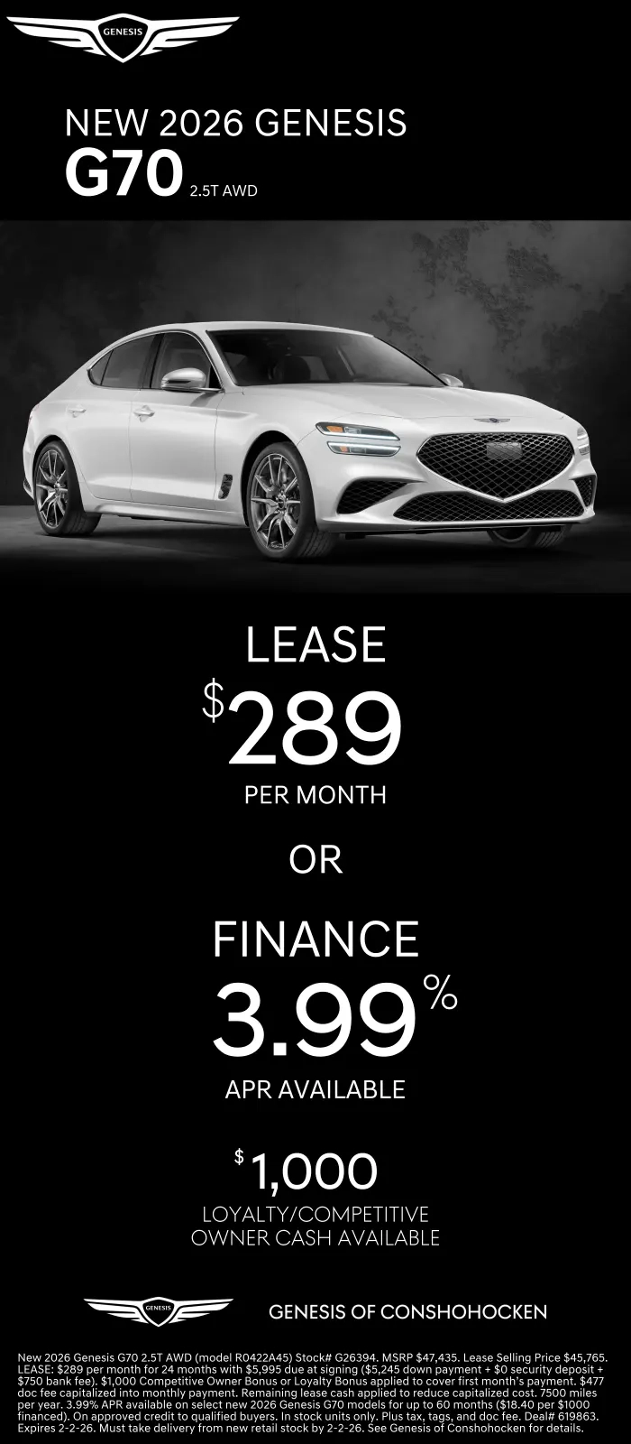 $289/mo. leases a New 2026 Genesis G70! View Specials...