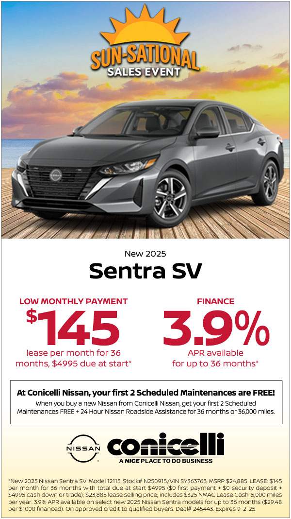 $145/mo. leases a New 2025 Sentra SV at Conicelli Nissan! Claim this Special....
