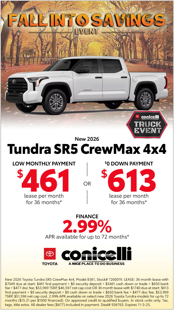 $461/mo. leases a New 20265 Tundra SR5 CrewMax 4x4! View Specials...