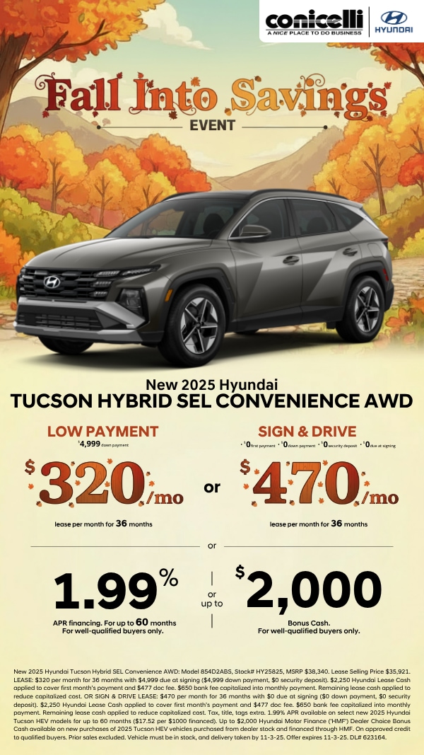 Sign & Drive a new 2025 Tucson Hybrid SEL Convenience AWD for just $320/mo. or lease for $470/mo. Claim this Special...