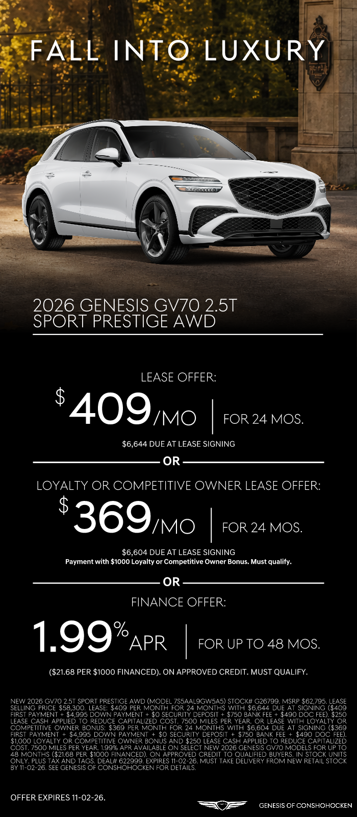 $409/mo. leases a New 2026 Genesis GV70 Sport Prestige 2.5T! View Specials...