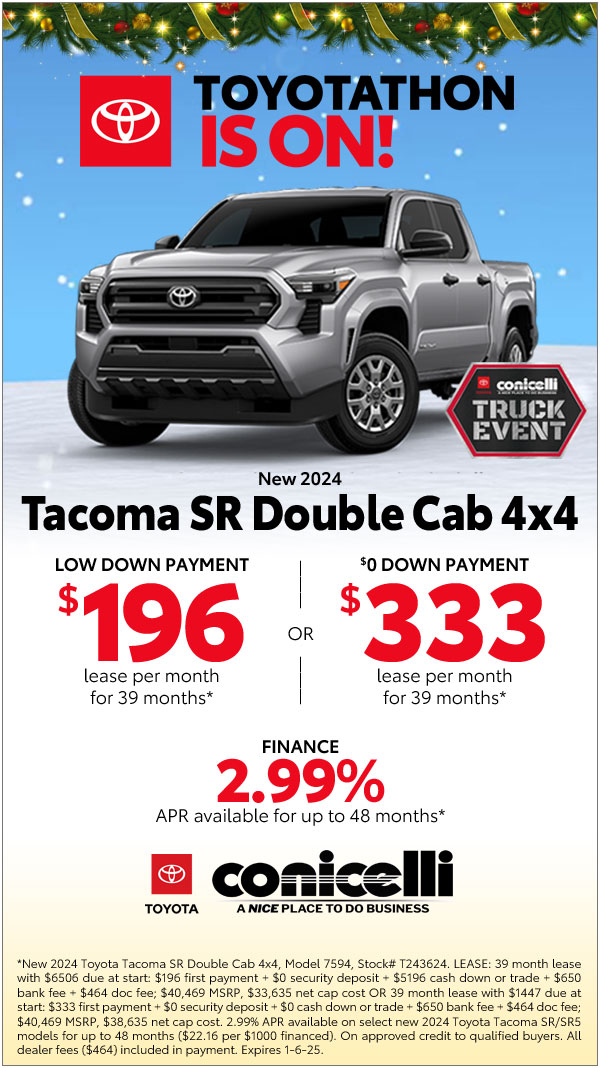 $196/mo. leases a New 2024 Tacoma SR Double Cab 4x4 -Toyotathon Is ON! View all Specials...
