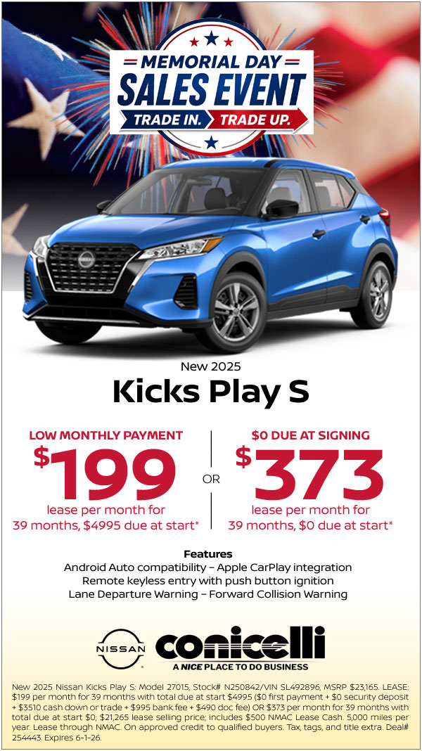 $199/mo. (OR $373/mo. with $0 due at signing) leases a New 2025 Kicks Play S at Conicelli Nissan! Claim this Special...