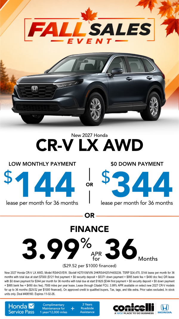 $144/mo. leases a New 2026 CR-V LX AWD! or $344/mo. with $0 down. Claim this Special...