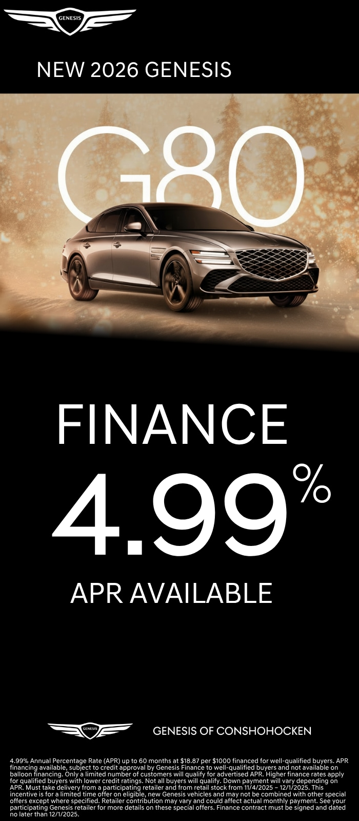 Finance a New 2026 Genesis G80 with 4.99% APR! View Specials...