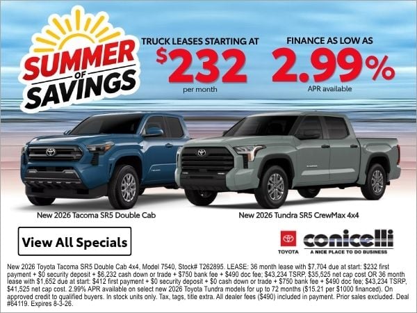 Toyota%20Truck%20leases%20as%20low%20as%20%24232%2Fmo.%2C%20APRs%20as%20low%20as%202.99%25%20%2B%20up%20to%20%24500%20TFS%20APR%20Cash!%20View%20all%20Specials...