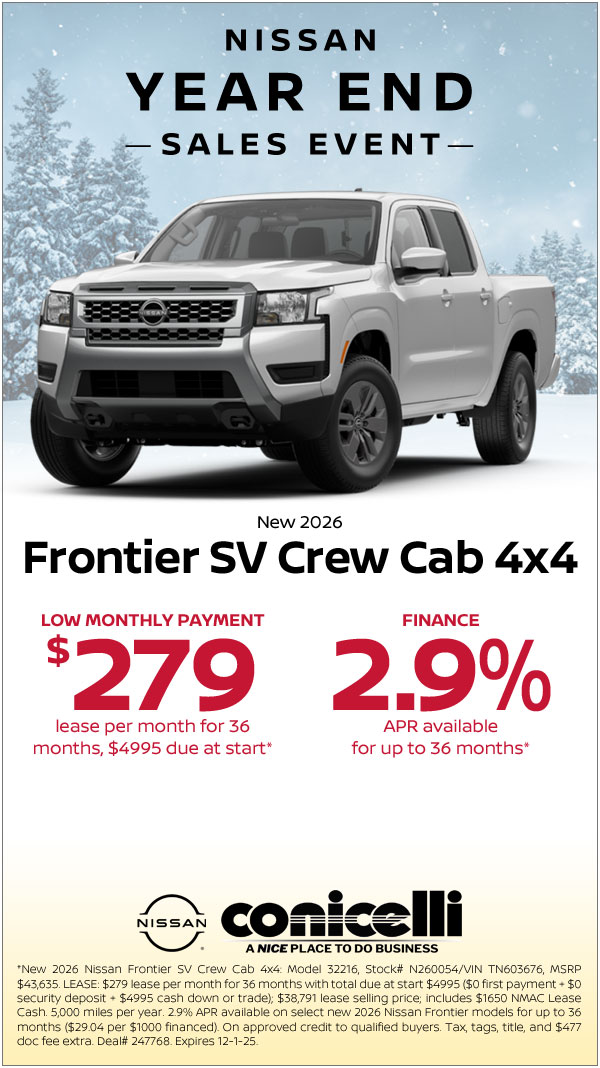 $279/mo. leases a New 2026 Frontier SV Crew Cab 4x4 at Conicelli Nissan!
