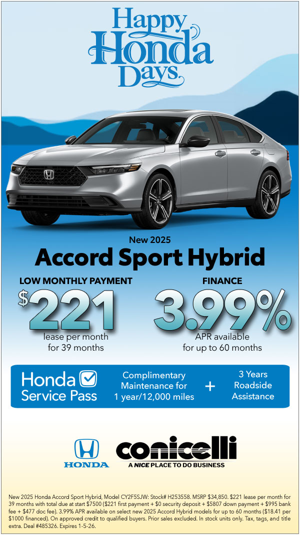 $221/mo. leases a New 2025 Accord Sport Hybrid at Conicelli Honda! Claim this Special...