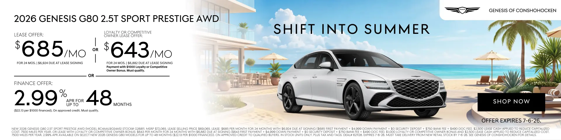 $685/mo. leases a New 2026 Genesis G80 at Genesis of Conshohocken. View All Specials...