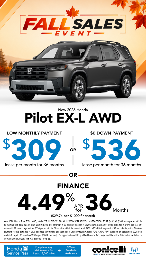 $309/mo. leases a New 2026 Pilot EX-L AWD! or $536/mo. with $0 down. Claim this Special...