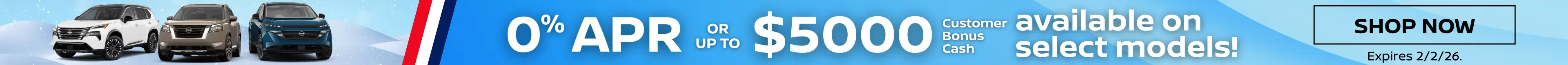 Graphic advertising 0% APR or up to $5000 Customer Bonus Cash available at Conicelli Nissan in Conshohocken and a call to action to shop now.